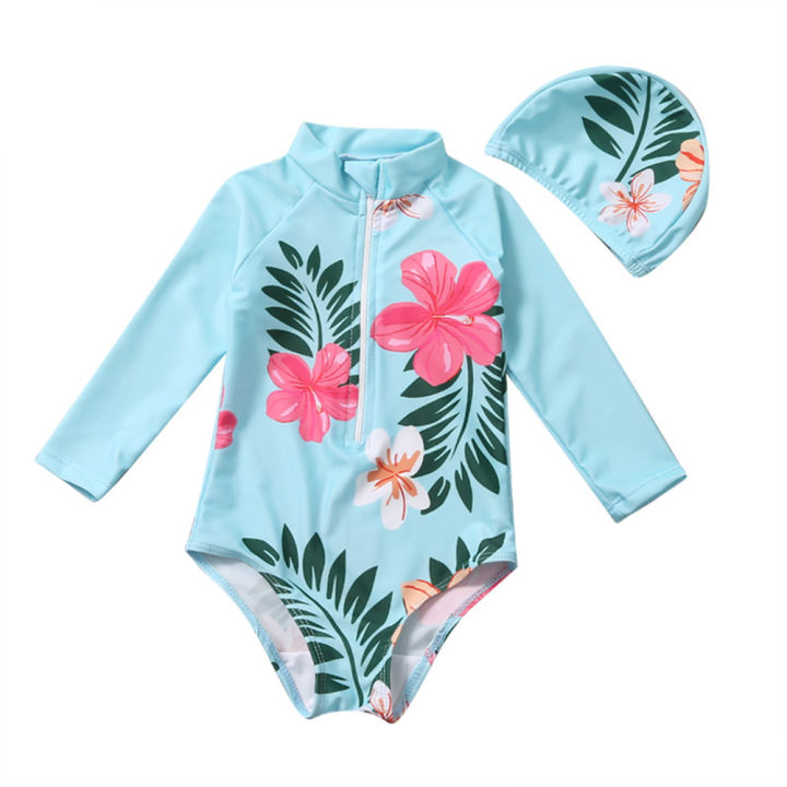 Yfashion 2 Pcs/set irls  suit One-piece suit + ing Cap Suit Sunscreen wear For 1-6 Years Old color