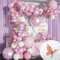 Pink Theme Birthday Party Supplies Set White Pink Balloon Garland Arch Background for Baby Shower Girl Birthday Decor. 