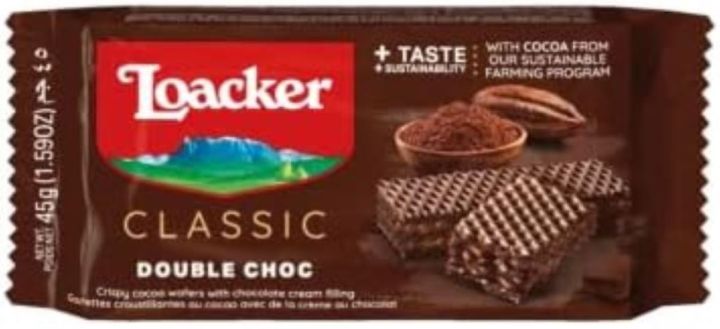Loacker Double Choc Crispy Wafers with Cocoa and Chocolate Filling Multicolor, 45 gram, (FROM DUBAI)