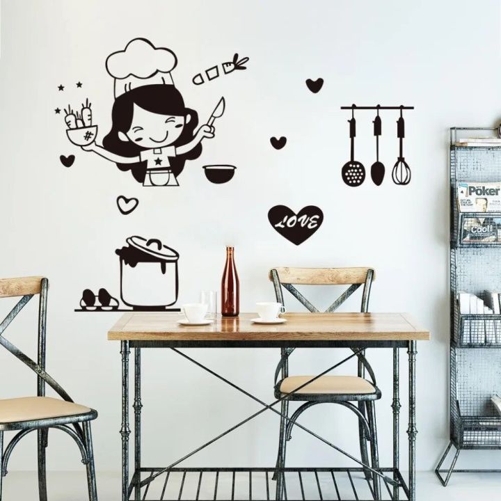 Waterproof%20Cartoon%20Happy%20Girl%20Chef%20Sticker%20Cute%20Black%20Loves%20Cooking%20Wall%20Sticker%20Non-toxic%20PVC%20Kitchen%20Decal%20Kitchen%20-%20Image%204
