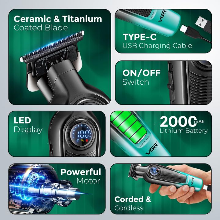 VGR%20V-996%20Professional%20Hair%20Trimmer%20for%20Men%20%E2%80%93%20Cordless%20Beard%20&%20Hair%20Clipper,%20Precision%20Ceramic%20&%20Titanium%20Blade,%20Turbo%207000%20RPM%20Motor,%20LED%20Display,%20USB%20Charging,%204%20Guide%20Combs,%20Green%20&%20Black%20High%20Quality%20-%20Image%202