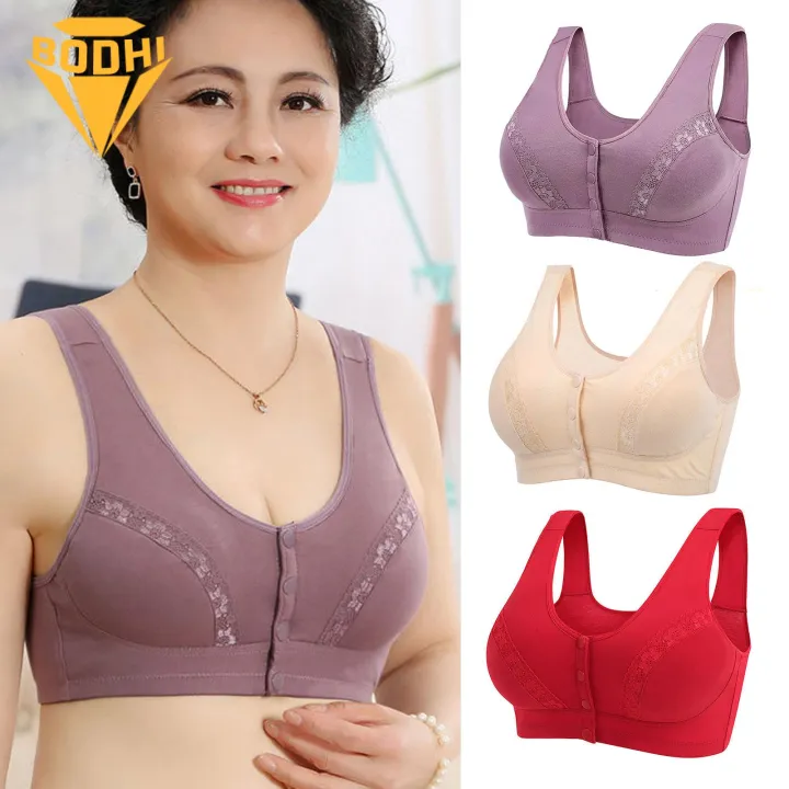 Women Wireless Brassiere Comfortable Wireless Front Closure Sport Bra for Mid-aged Women Lace Splicing Removable Pads Ideal for Southeast Asian Buyers Women Front Button Fastening Bra