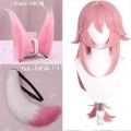 Yae Miko Plush Tail Ear Wig Pink Fox Handmade Cosplay Props Pink Fox Ears Tail Wig. 