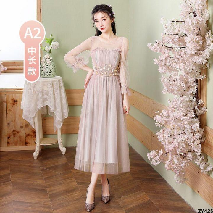 Graduation%20Gray%20New%20Section%20Bridesmaid%20Slim%20Fit%202023%20Dress%20Mid-Length%20Elegant%20Sisters%20Summer%20Tuoxian%20Korean%20Style%20Clothes%20Wedding%20-%20Image%202