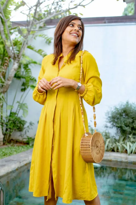 Kate Pleated Midi Dress- Yellow