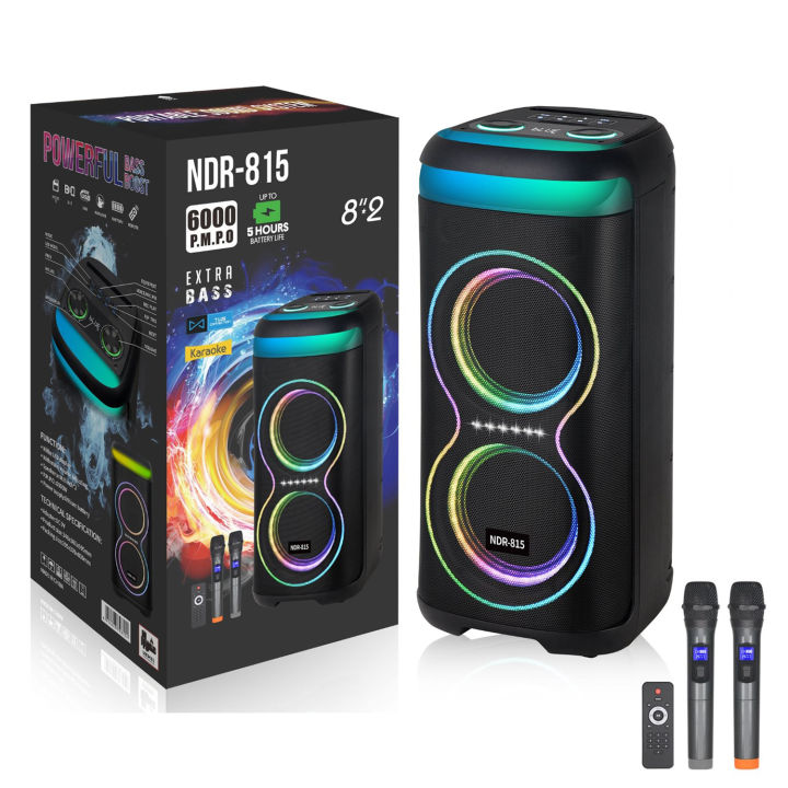 NDR-815%20Dual%208"%20Portable%20Wireless%20Bluetooth%20Speaker%20with%202%20Wireless%20Mic%20RGB%20Light,%20FM%20Mic,%20FM,%20AUX,%20USB,%20SD%20Card,%20Guitar%20in%20Karaoke%20Speaker%20with%20Dual%20Mic%20Buffel%20Subwoofer%20Music%20Player%20Party%20Box%20NDR%20815%20Partybox%20-%20Image%202