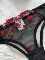 Floral Embroidery Lingerie Set, Mesh Unlined Bra & Mesh Panty, Women's Lingerie & Underwear. 