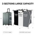 Laundry Basket 3 Section,Foldable Dirty Laundry Hamper, Laundry Room Organization,Clothes Baskets With Side Pocket,Laundry Sorter（Black and white gray）. 