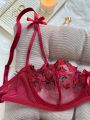 Floral Embroidery Lingerie Set, Mesh Unlined Bra & Mesh Panty, Women's Lingerie & Underwear. 