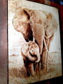 Handmade Wood Burning Art - Pyrography Arts Home decoration And Wall Art - Baby Elephant with mother. 