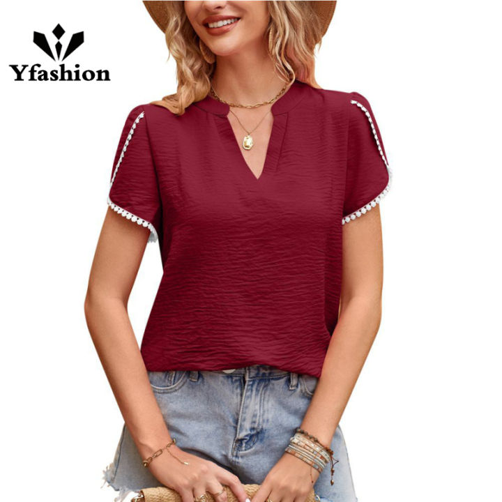 Yfashion Women V Neck Chiffon Shirt Lace Petal Short Sleeve Blouses Solid Color Summer Casual Shirt Pullover Tops