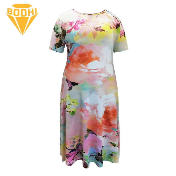 Women Long Dress Floral Print A-line Midi Dress with Pockets for Women Plus Size Summer Dress with Soft Fabric Breathable Design Stylish O Neck Short Sleeves Lady Midi Dress for Fashionistas Floral
