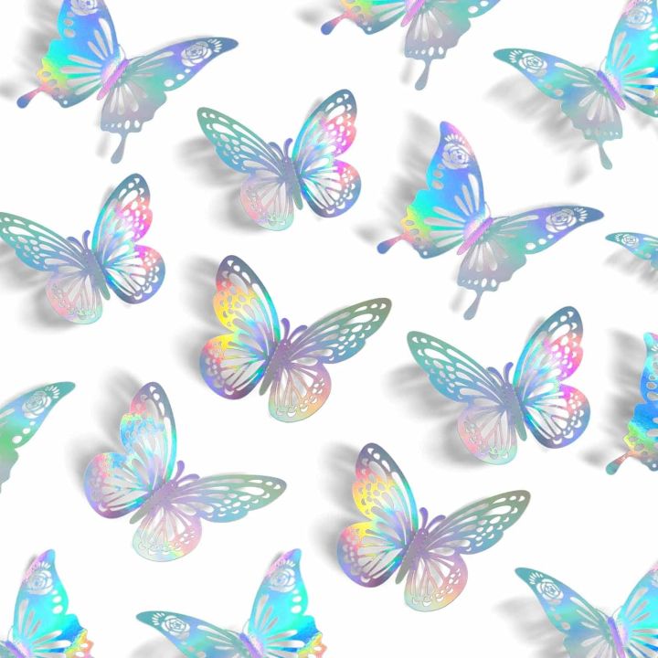 36pcs Laser Butterfly Wall Decor 3D Paper Butterfly Sticker for Cake Cupcake Gift Box Birthday Baby Shower Girl Room Decals