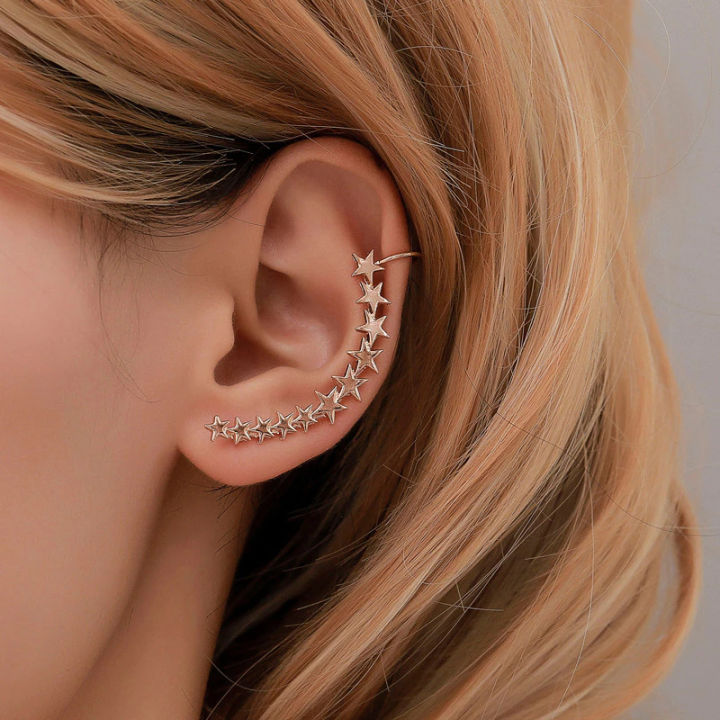1Pcs Left Ear New Fashion Gold Silver Color Star Shape Long Earcuffs Bohemian Crystal Clip Pins Long Ear Wrap Cuffs For Women Fashion Jewelry, Gifts