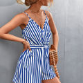 Yfashion Women Stripe Print V Neck Beach Shorts Romper Jumpsuit With Belt Sexy Fashion Suspender Jumpsuit For Beach Party. 