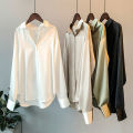 Yfashion Women Cotton  Satin  Shirt Lapel Long-sleeved Solid Color Loose Drape Retro Shirt color. 