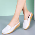 【ThinkWay】Half Shoes Women Korean Style Leather Flat Shoes for Women Big Size 35-43 Slip on Loafers Korean White Shoes Ballet Ladies Nurse Shoes Fashion Women Mules Croc. 
