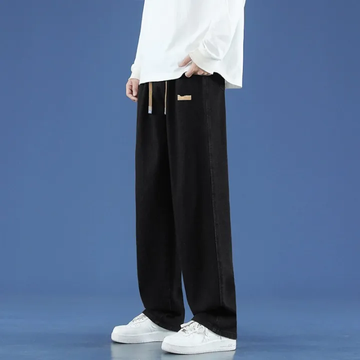 Spring%20Autumn%20Men's%20High%20Waisted%20Solid%20Distressed%20Gradient%20Bandage%20Drawstring%20Patch%20Loose%20Wide%20Leg%20Casual%20Jeans%20Trousers%20Pants%20-%20Image%204