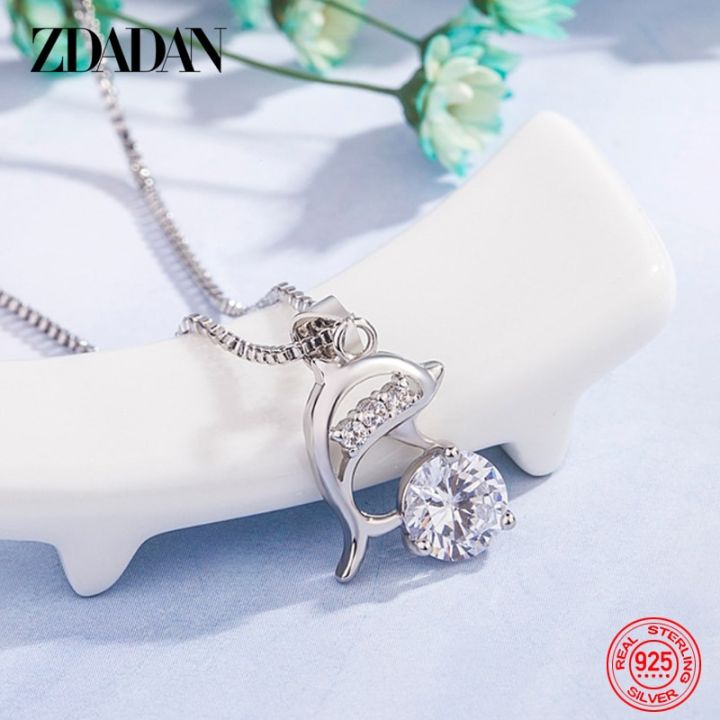 ZDADAN 925 Sterling Silver Zircon Dolphin Necklace For Women Box Chain Sweet Jewelry Gift