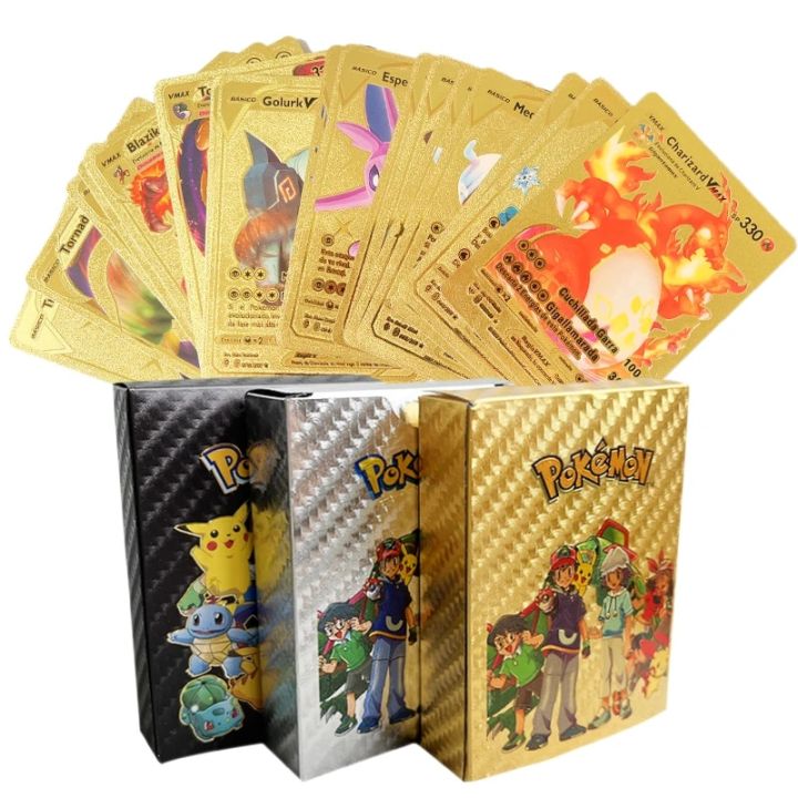 pokemon cards golden 11-110PCS Pokemon Gold Pikachu Cards Box Spanish/English/French Foil Gold Silve Cards Metalicas Charizard Vmax Gx Game CardParty Games Crafts