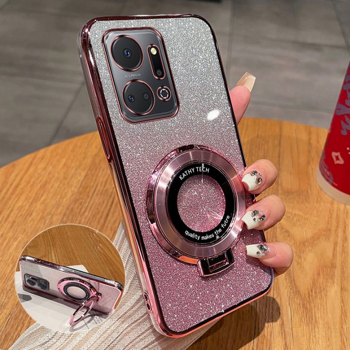 For Honor X7c X7b X7A X7 4G Back Cover with Ring Stand Holder Luxury Shiny Plating Gradient Glitter  Phone Case Camera Protector Clear Soft Silicone Cases Pouch for Women Girls