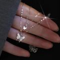 New Elegant Silver color Shiny Butterfly Necklaces Ladies Exquisite Double Layer Clavicle Chain Necklace Jewelry Gift. 