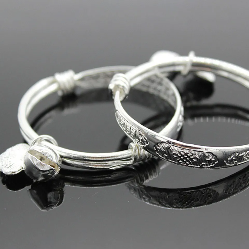 Baby Silver Plated Adjustable Embossing Bell Bangle Jewelry
