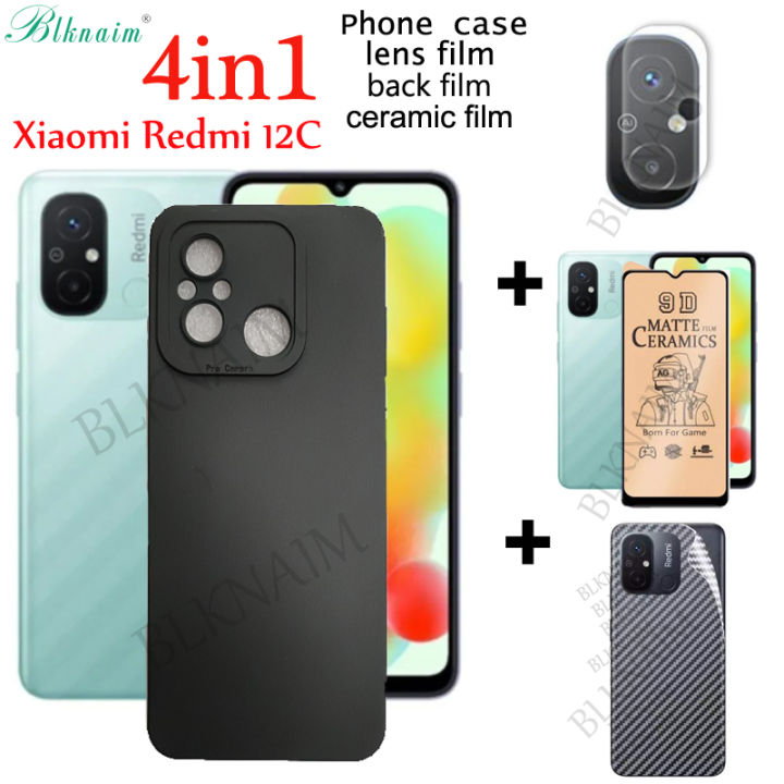 BLKNAIM 4in1 For Xiaomi Redmi 12C Phone Case Soft Silicone Phone Case+Ceramic Membrane tempered glass+Lens Film+Back Cover