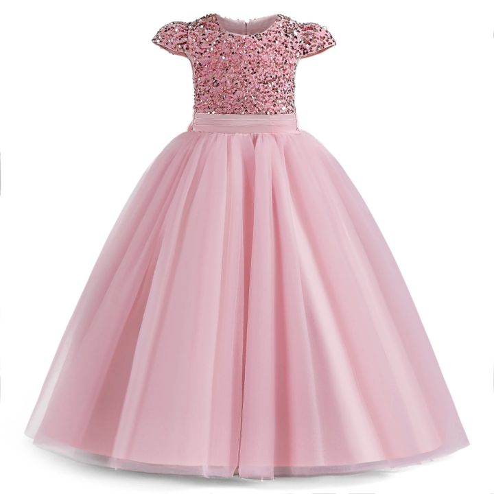 Sparkly Sequins Short Sleeves Flower Girl Dresses Tulle Kids Birthday Party Pageant Prom Gown Teen Girls Bridesmaid Dresses