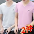 Cotton Short SleeveTMen's T-shirtVCollar Ice Silk Ice Feeling Clothes Fashion Trend2023Summer T-shirt Men's Elbow-Sleeved Top. 