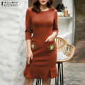 【WEJA】Korean Style Women's Dress Elegant 3/4 Sleeve Knitted Sundress Floral Embroidery Midi Dresses #11. 