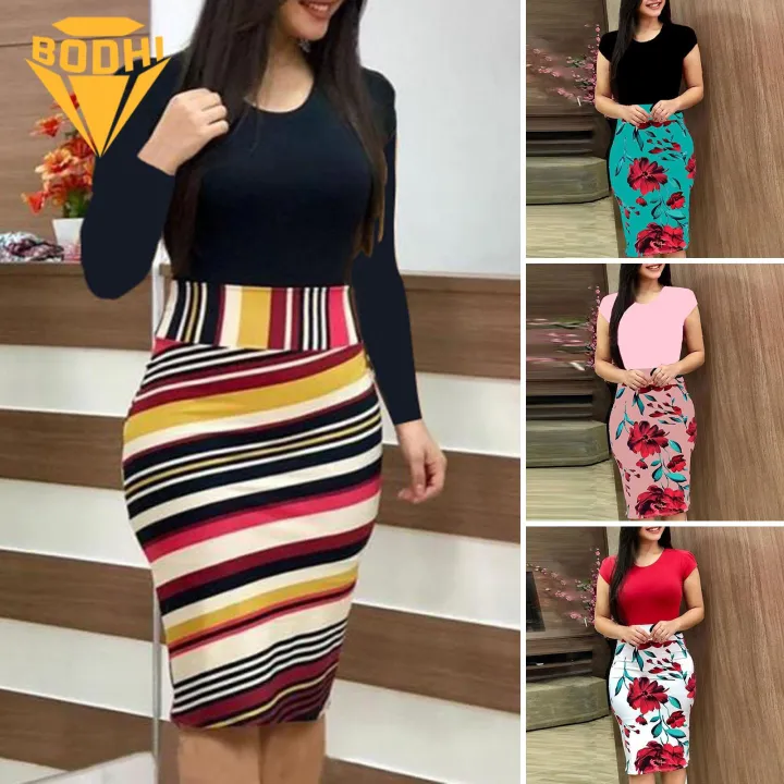 Women Printed Dress Floral Print Slim Fit Summer Dress for Women Knee Length Round Neck Short S ve Commute Dress Women Dress