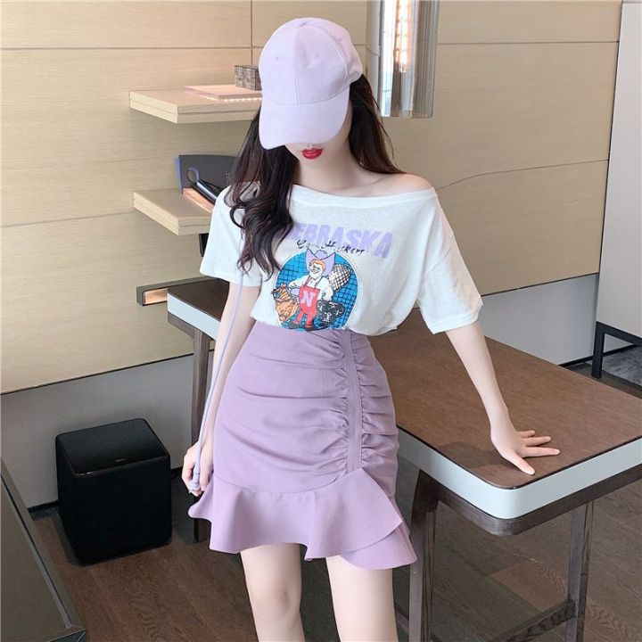 Fashion Suit Women's Spring and Summer New Korean StyleinsShort SleeveTShirt Top Slimming Sheath Skirt Internet Hot Two-Piece Suit
