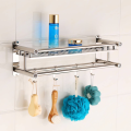 Bathroom rack, stainless steel 2 layer bathroom shelf with towel holder and hooks. 