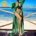 Women Bikini Set Leaf Print Bikini Set with Cover Up Sunscreen Cardigan Swimwear for Women. 