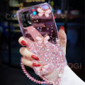 For OPPO F19 Cover + Crystal Wrist Strap Fashion 3D Rhinestone Butterfly Shiny Glitter Girls Phone Case Clear Soft Silicone Bumper Shockproof Protective Back Cover. 