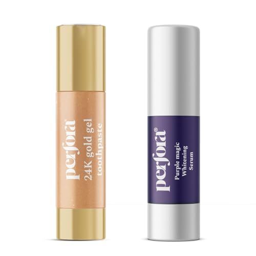 Perfora Teeth Whitening Premium Pack Tooth Paste | 24K Gold Gel Whitening Toothpaste & Purple Magic Whitening Serum | With Gold Infused Whitening Formula & v34 Colour Corrector for Teeth | Pack Of 2 (FROM INDIA)SAB