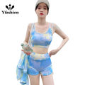 Yfashion 3pcs Women Cotton Bikini Set With Long Sleeves Sunscreen Cover-up Sweet Printing Sleeveless Tops Shorts Suit. 