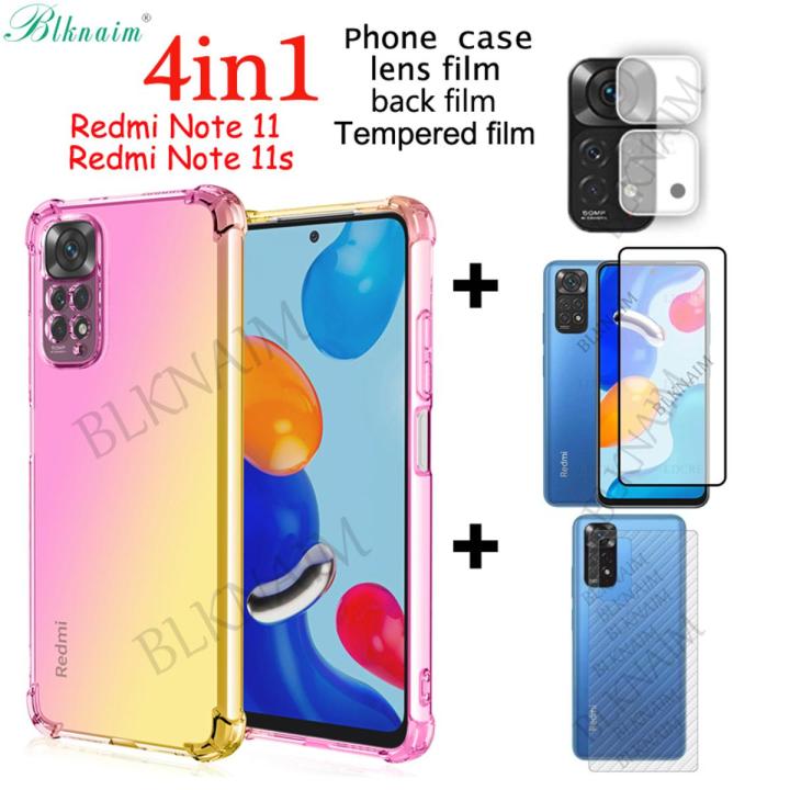 BLKNAIM (4-in-1) For Xiaomi Redmi Note 11 Case Anti-fall Color Mobile Phone + Full Screen clear Tempered Glass Film + Carbon Fiber Back Film + Lens Film