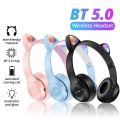 P47M Cute Fashion Cat Ears Wireless Headphones Flash Light LED RGB Gaming Bluetooth Headset For Girl Kids Foldable Earphones Gift P47 PRM. 