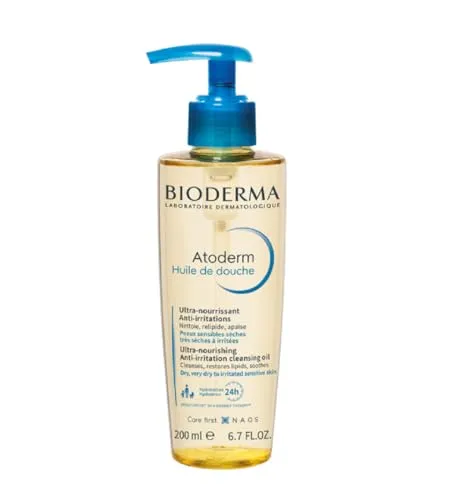 Bioderma Atoderm Huile de douche Anti-iritation Cleaning Oil | 24hrs Hydration | Face and Body Moisturizer | Soothes Discomfort - Dry to Very Dry Sensitive Skin - 200 ml(FROM INDIA)JEZ