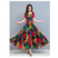 bellylady Women Cotton Casual Dress Floral Pattern Round Neck ing Short-sleeve A-line Long Dress. 