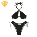 Bikini Set Lace-up High Waist Bikini Set for Women Quick Dry Halter Bra Briefs for Summer Swimming Style Hollow Design Swimwear. 