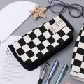 Multifunctional Stationery Storage Bag Black White Checkerboard Pattern Zipper Bag Large Capacity Canvas Pencil Case Portable Travel Makeup Tool Organizer. 
