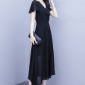 bellylady Women  Dress Fashion V-neck Short-sleeve Skirt Solid Color Waist-ing Long Skirt color. 