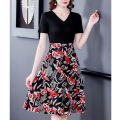 Women Cotton V Neck High Waist Midi Skirt Sweet Floral Printing Dress Summer Short Sleeves Fake Two Piece A-line Skirt. 
