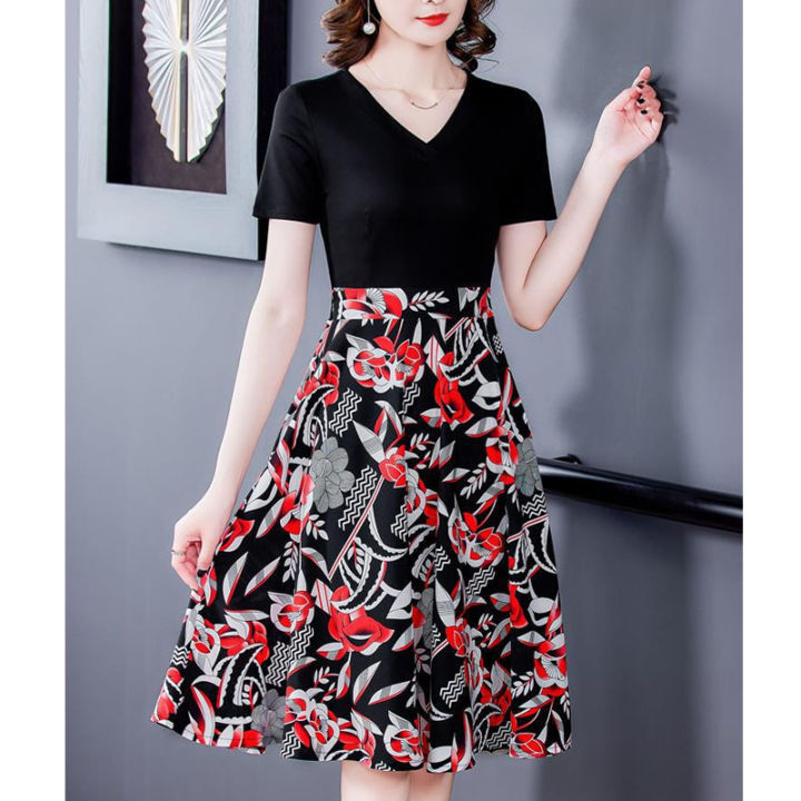 Women%20Cotton%20V%20Neck%20High%20Waist%20Midi%20Skirt%20Sweet%20Floral%20Printing%20Dress%20Summer%20Short%20Sleeves%20Fake%20Two%20Piece%20A-line%20Skirt%20-%20Image%203
