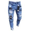 Hip Hop Men's Fashion Embroidered Jeans 2023 Street Club Ripped Denim Pants Classic Blue And White Slim Stretch Pantalon S-4XL. 