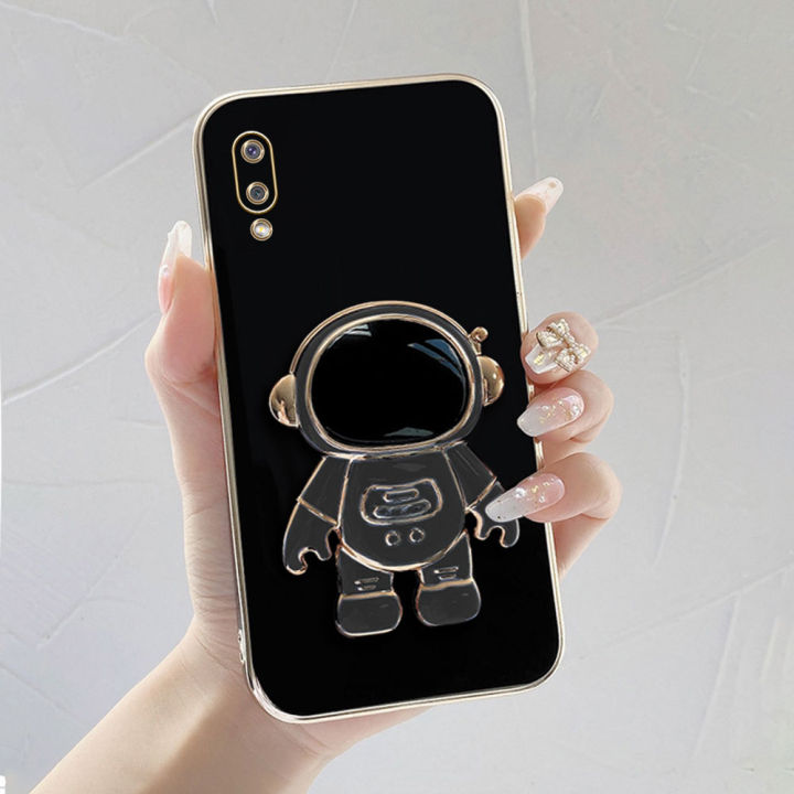 TA for Samsung Galaxy M02 A02 Back Cover Creative Cute Astronaut Folding Bracket Luxury 6D Plating Case Soft Silicone Square Phone Cases