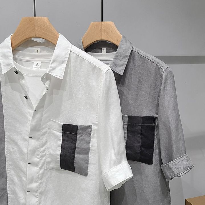 Patchwork%20Assorted%20Colors%20Pocket%20Linen%20Three-Quarter%20Sleeve%20Shirt%20Men's%20Special-Interest%20Design%20Summer%20Thin%20Ruan%20Shuai%20Youth%20Korean%20Shirt%20-%20Image%203